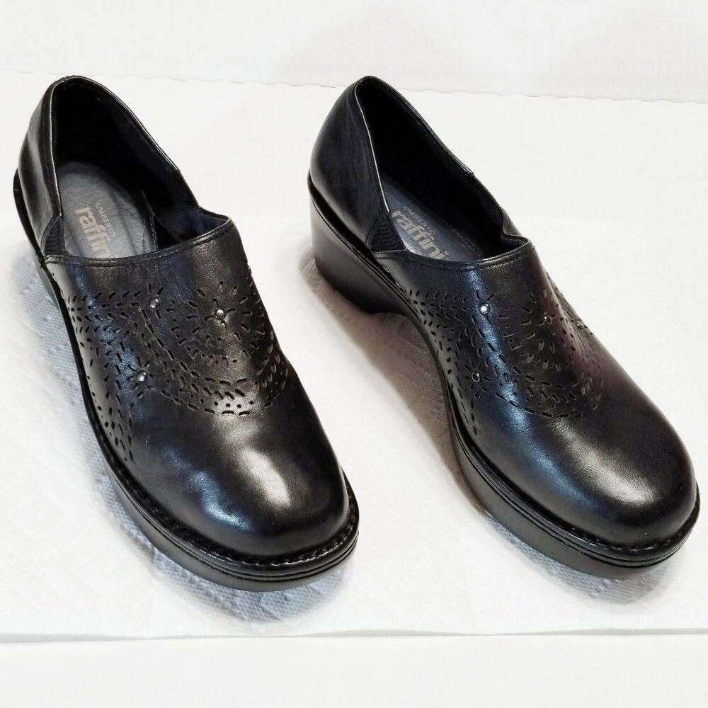 EU42 Umberto Raffini Black Leather Laser Cut Clogs Studs Chunky Heel Rubber Sole